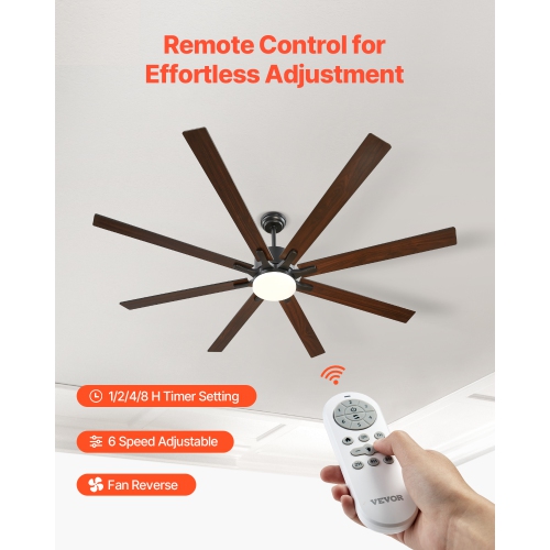 VEVOR 72 Inch Ceiling Fan with Light, 6-Speed Remote Control, Dimmable 3-Color Temperature, Reversible DC Motor, Modern Low Profile Flush Mount Fan
