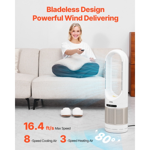 VEVOR 16.4ft/s Tower Fan Bladeless, Velocity Floor Fan, 80° Oscillating 8-Speed Fans, 8H Timer, Standing Fans with H13 HEPA Filtration, Remote