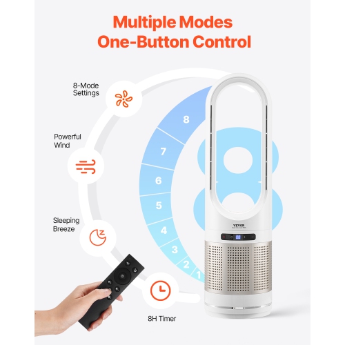 VEVOR 16.4ft/s Tower Fan Bladeless, Velocity Floor Fan, 80° Oscillating 8-Speed Fans, 8H Timer, Standing Fans with H13 HEPA Filtration, Remote
