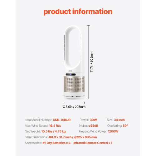 VEVOR 16.4ft/s Tower Fan Bladeless, Velocity Floor Fan, 80° Oscillating 8-Speed Fans, 8H Timer, Standing Fans with H13 HEPA Filtration, Remote