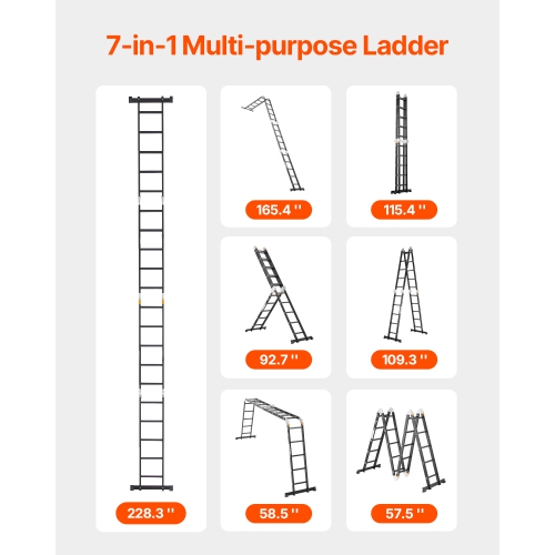 VEVOR 7-in-1 Multi-Purpose Folding Ladder, Tall Extension Step Ladder, A Frame 5 Step Telescoping Ladder, 19ft Reach Height Heavy Duty Adjustable