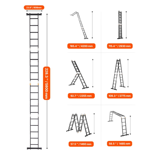 VEVOR 7-in-1 Multi-Purpose Folding Ladder, Tall Extension Step Ladder, A Frame 5 Step Telescoping Ladder, 19ft Reach Height Heavy Duty Adjustable