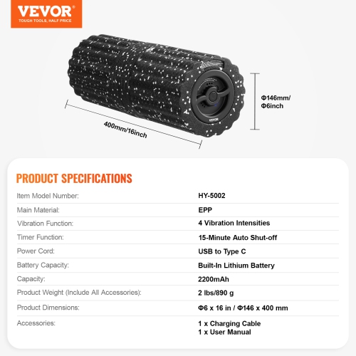 VEVOR 4-Speed Vibrating Foam Roller,Electric Massage Roller,16" Rechargeable 3D Texture, High Density EEP Foam Massager for Muscle Deep Tissue, Back