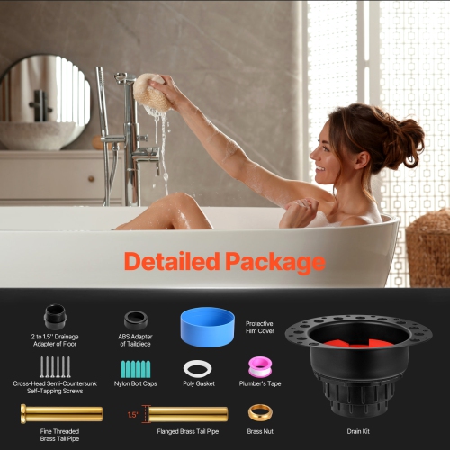 VEVOR 2 ABS Freestanding Tub Drain Rough-in Kit, Brass Tail Pipes, with ABS Adapter of Tailpiece, Compatible with Freestanding Bathtubs, Floor