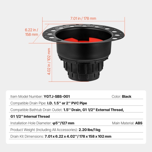 VEVOR 2 ABS Freestanding Tub Drain Rough-in Kit, Brass Tail Pipes, with ABS Adapter of Tailpiece, Compatible with Freestanding Bathtubs, Floor