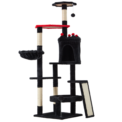 U-HOMY Gothic Cat Tree Tower 61.8" – Halloween-Themed Pet Furniture with Coffin Bed, Scratching Posts & Spider Ball, Multi-Level Playhouse for Indoor