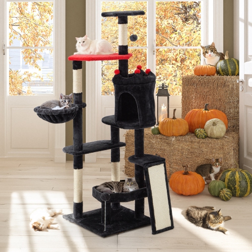 U-HOMY Gothic Cat Tree Tower 61.8" – Halloween-Themed Pet Furniture with Coffin Bed, Scratching Posts & Spider Ball, Multi-Level Playhouse for Indoor