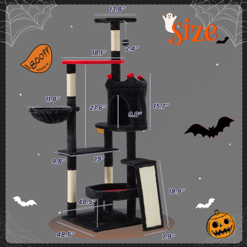 U-HOMY Gothic Cat Tree Tower 61.8" – Halloween-Themed Pet Furniture with Coffin Bed, Scratching Posts & Spider Ball, Multi-Level Playhouse for Indoor
