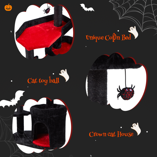 U-HOMY Gothic Cat Tree Tower 61.8" – Halloween-Themed Pet Furniture with Coffin Bed, Scratching Posts & Spider Ball, Multi-Level Playhouse for Indoor
