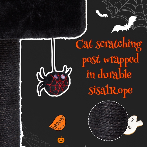 U-HOMY Gothic Cat Tree Tower 61.8" – Halloween-Themed Pet Furniture with Coffin Bed, Scratching Posts & Spider Ball, Multi-Level Playhouse for Indoor