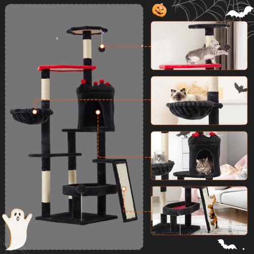 U-HOMY Gothic Cat Tree Tower 61.8" – Halloween-Themed Pet Furniture with Coffin Bed, Scratching Posts & Spider Ball, Multi-Level Playhouse for Indoor