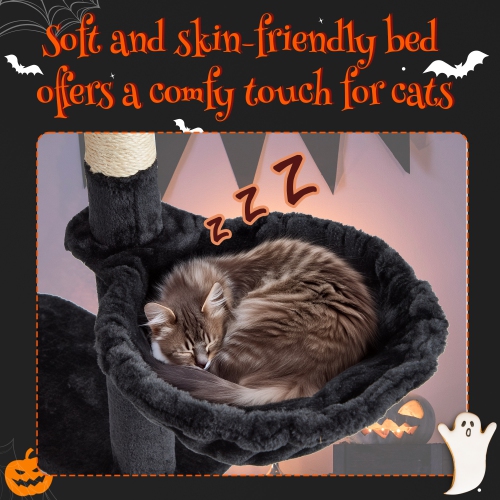 U-HOMY Gothic Cat Tree Tower 61.8" – Halloween-Themed Pet Furniture with Coffin Bed, Scratching Posts & Spider Ball, Multi-Level Playhouse for Indoor