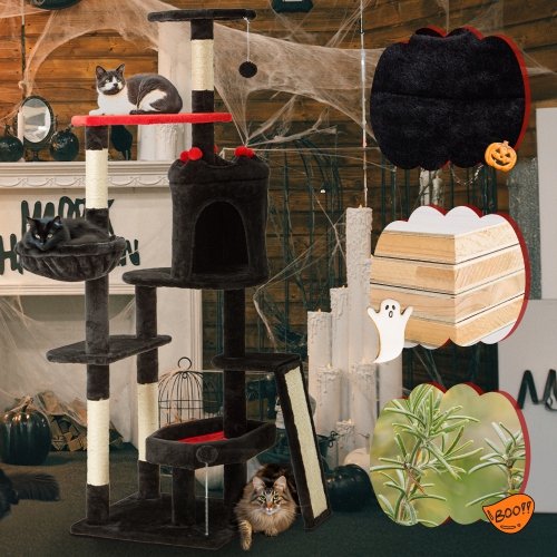 U-HOMY Gothic Cat Tree Tower 61.8" – Halloween-Themed Pet Furniture with Coffin Bed, Scratching Posts & Spider Ball, Multi-Level Playhouse for Indoor