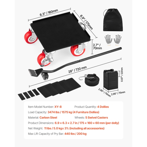 VEVOR 3474 lbs Furniture Dolly, Maximum Load, Furniture Movers with 5 360° Rotation Wheels, Carbon Steel Panel, Furniture Lift Slider for Appliances,