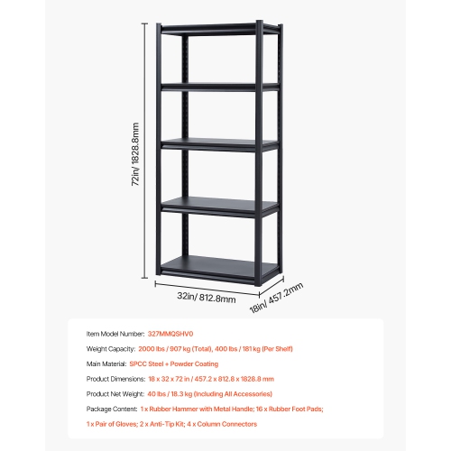 VEVOR 18"Dx32"Wx72"H Storage Shelves, 2000 lbs, 5 Tier Garage Storage Shelving, Adjustable Metal Shelves for Garage Shelves Utility Rack Shelf, Ideal