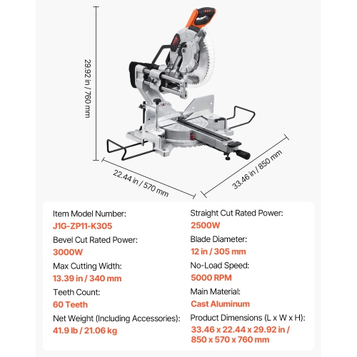 VEVOR Sliding Compound Miter Saw, 12-Inch Blade, 15 Amp Motor, 60-Tooth, Corded Double Bevel Sliding Miter Saw, LED Precision Alignment, Angle