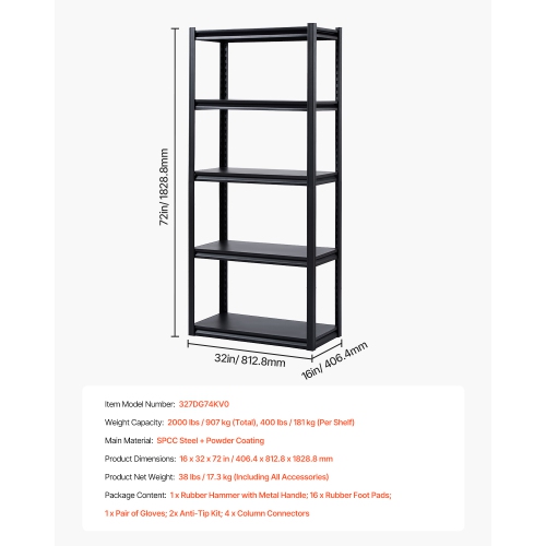 VEVOR 16"Dx32"Wx72"H Storage Shelves, 2000 lbs, 5 Tier Garage Storage Shelving, Adjustable Metal Shelves for Garage Shelves Utility Rack Shelf, Ideal