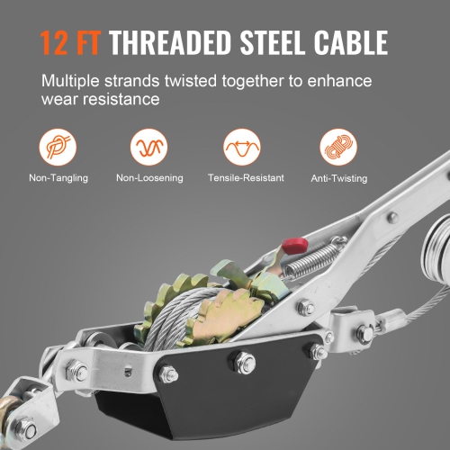 VEVOR Come Along Winch, 2 Ton Pulling Capacity, 12 ft Steel Cable, 2 Hooks, Heavy Duty Ratchet Power Puller Tool with Dual Gears, Automotive Hoist