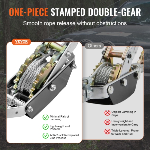 VEVOR Come Along Winch, 2 Ton Pulling Capacity, 12 ft Steel Cable, 2 Hooks, Heavy Duty Ratchet Power Puller Tool with Dual Gears, Automotive Hoist