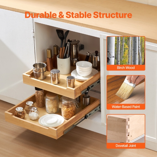 VEVOR 2 Tier Pull Out Cabinet Organizer, 20"W x 21"D Cabinet Drawer, Soft Close Slide out Shelf, Heavy-Duty Sliding Wood Drawer, Adjustable Base