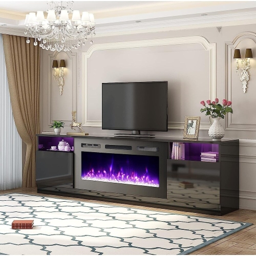 U-HOMY 70" Electric Fireplace TV Stand for TVs up to 80" - Modern Entertainment Center with Heater, Black Media Console for Living Room