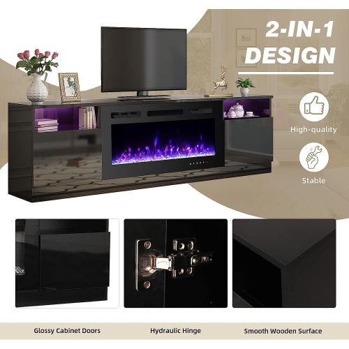 U-HOMY 70" Electric Fireplace TV Stand for TVs up to 80" - Modern Entertainment Center with Heater, Black Media Console for Living Room