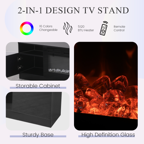 U-HOMY 70" Electric Fireplace TV Stand for TVs up to 80" - Modern Entertainment Center with Heater, Black Media Console for Living Room