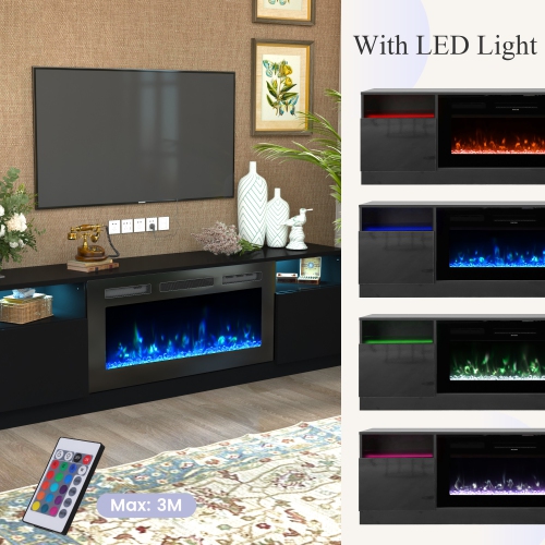 U-HOMY 70" Electric Fireplace TV Stand for TVs up to 80" - Modern Entertainment Center with Heater, Black Media Console for Living Room