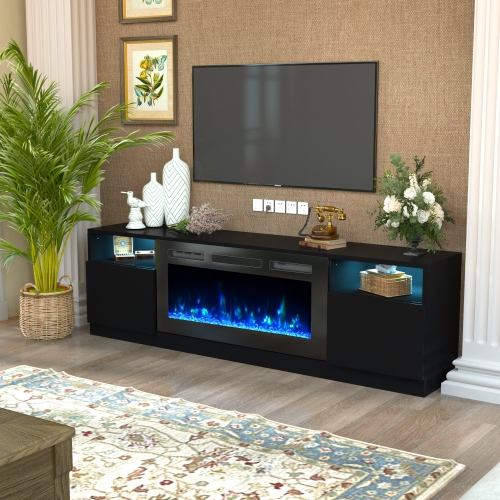 U-HOMY 70" Electric Fireplace TV Stand for TVs up to 80" - Modern Entertainment Center with Heater, Black Media Console for Living Room