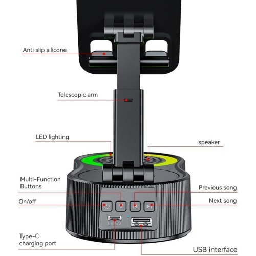 360 degree rotating mobile phone holder with lifting function mobile power Bluetooth speaker mini portable atmosphere light speaker - black