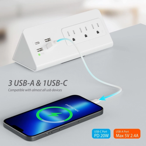 Tournez pour fixer votre bureau sans ouvrir le boîtier, le port USB-C à chargement rapide 20 W et 3 prises c.a., la station de chargement de
