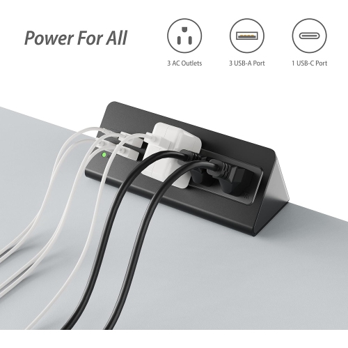 Rotate Fixed Desktop Without Opening, PD20W Fast Charging USB-C Port and 3 AC Outlets, Nightstand Charging Station, Office Desktop Accessory - Black