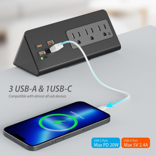 Rotate Fixed Desktop Without Opening, PD20W Fast Charging USB-C Port and 3 AC Outlets, Nightstand Charging Station, Office Desktop Accessory - Black