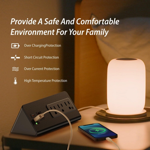 Rotate Fixed Desktop Without Opening, PD20W Fast Charging USB-C Port and 3 AC Outlets, Nightstand Charging Station, Office Desktop Accessory - Black