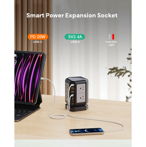 8 power extension vertical socket with 3USB switch indicator light desk desktop socket