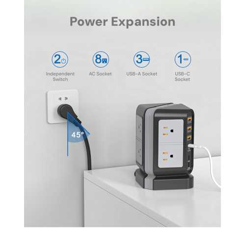 8 power extension vertical socket with 3USB switch indicator light desk desktop socket