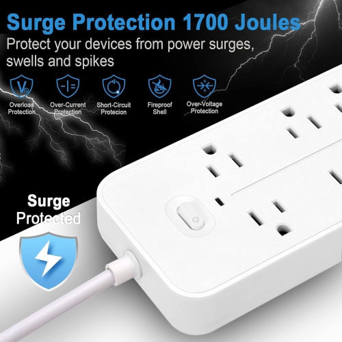 Power Strip Surge Protector with 6 Outlets, 3 USB Ports and 1 USB-C Port, 1700 Joules, Angled Flat Plugs, Spaced Outlets for Home Office - White