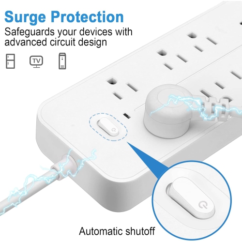 Power Strip Surge Protector with 6 Outlets, 3 USB Ports and 1 USB-C Port, 1700 Joules, Angled Flat Plugs, Spaced Outlets for Home Office - White