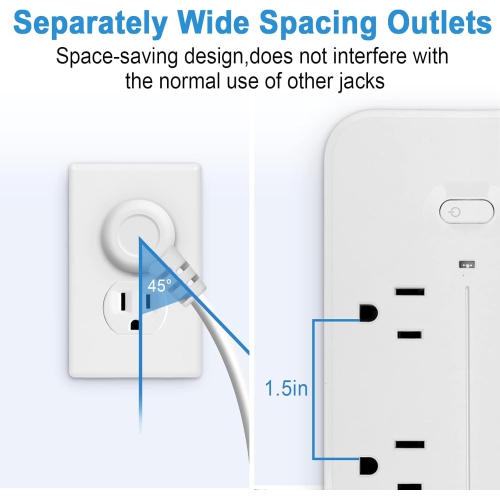 Power Strip Surge Protector with 6 Outlets, 3 USB Ports and 1 USB-C Port, 1700 Joules, Angled Flat Plugs, Spaced Outlets for Home Office - White