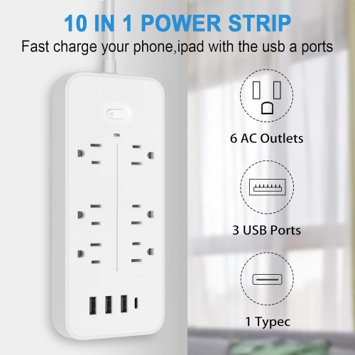 Power Strip Surge Protector with 6 Outlets, 3 USB Ports and 1 USB-C Port, 1700 Joules, Angled Flat Plugs, Spaced Outlets for Home Office - White