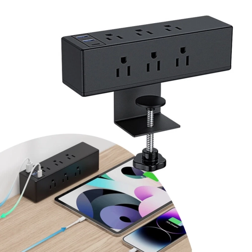 Desk Clip Power Strip with USB Port Reusable Vertical Desk Clip Power Station - Black