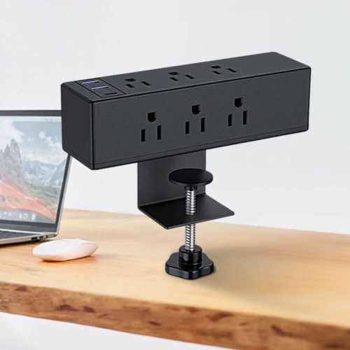 Desk Clip Power Strip with USB Port Reusable Vertical Desk Clip Power Station - Black