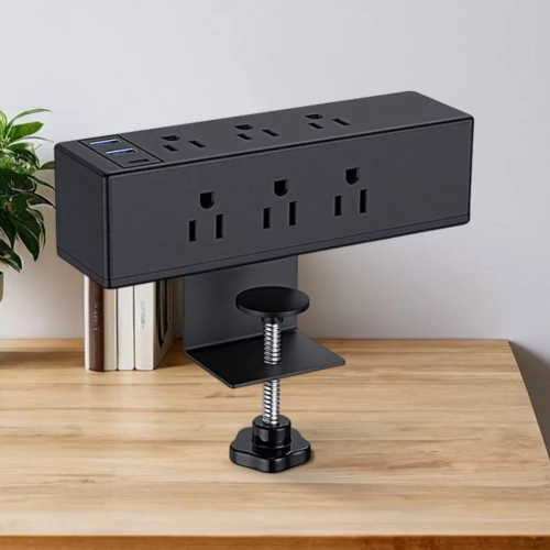 Desk Clip Power Strip with USB Port Reusable Vertical Desk Clip Power Station - Black