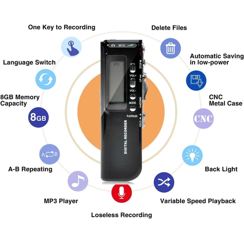 Digital Voice Recorder, Professional 8GB Digital Voice Recorder with MP3 Player, HD Voice Recorder, Dual Noise Cancelling Microphones and LCD Screen