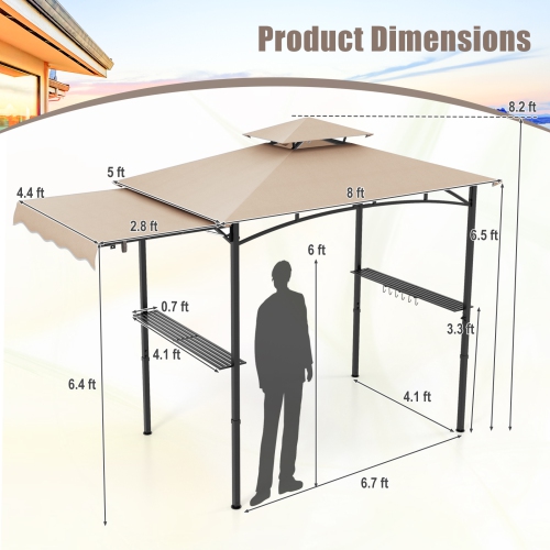 Gymax 11 x 5 FT Grill BBQ Gazebo w/ Side Awning Double-Tiered Top 2 Side Shelves