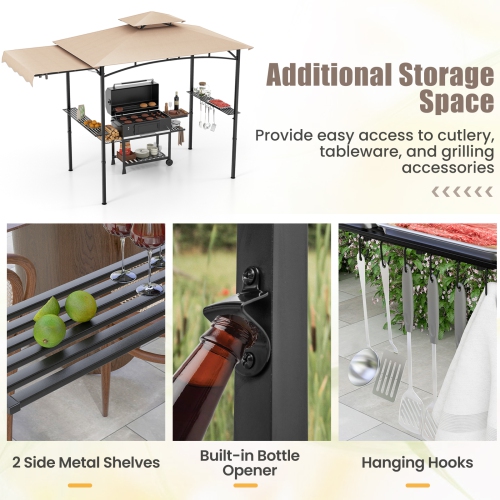 Gymax 11 x 5 FT Grill BBQ Gazebo w/ Side Awning Double-Tiered Top 2 Side Shelves