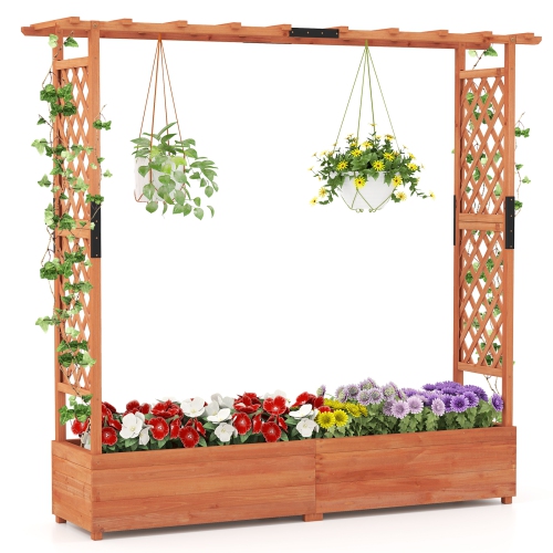 GYMAX  Raised Garden Bed Planter Box W/ Side & Top Trellis for Vine Climbing Plants