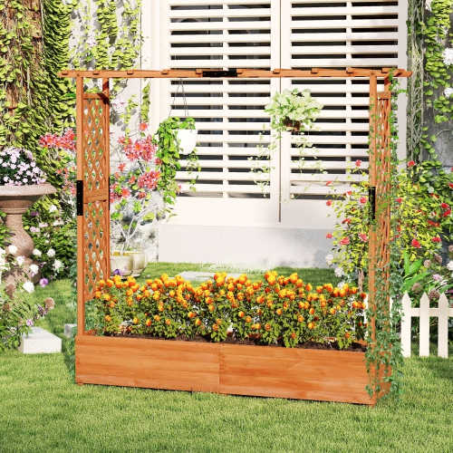 Gymax Raised Garden Bed Planter Box w/ Side & Top Trellis for Vine Climbing Plants