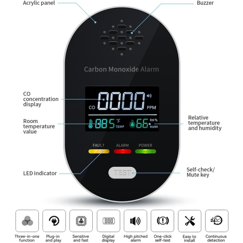 3-in-1 smart carbon monoxide detector – high-precision CO/temperature and humidity monitoring +85dB sound and light alarm, plug and play, ensure