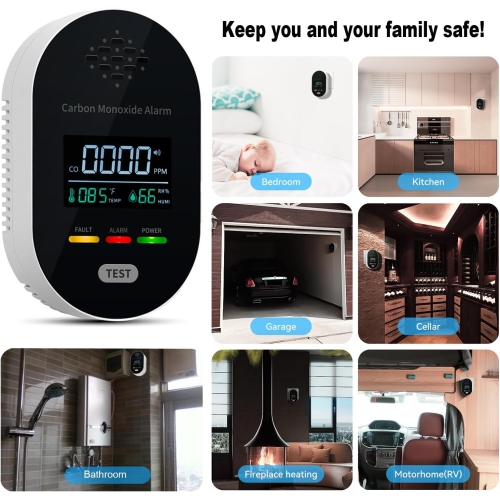 Four-in-one smart carbon monoxide detector-gas, CO/temperature and humidity monitoring + 85dB sound and light alarm, plug and play, to ensure the
